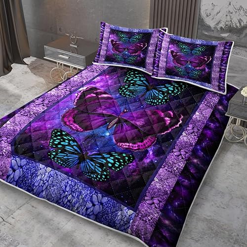 Juego de edredón de mariposa tamaño individual, juego de colcha de mariposa púrpura neón oscuro para amantes de las mariposas, juego de edredón de 3