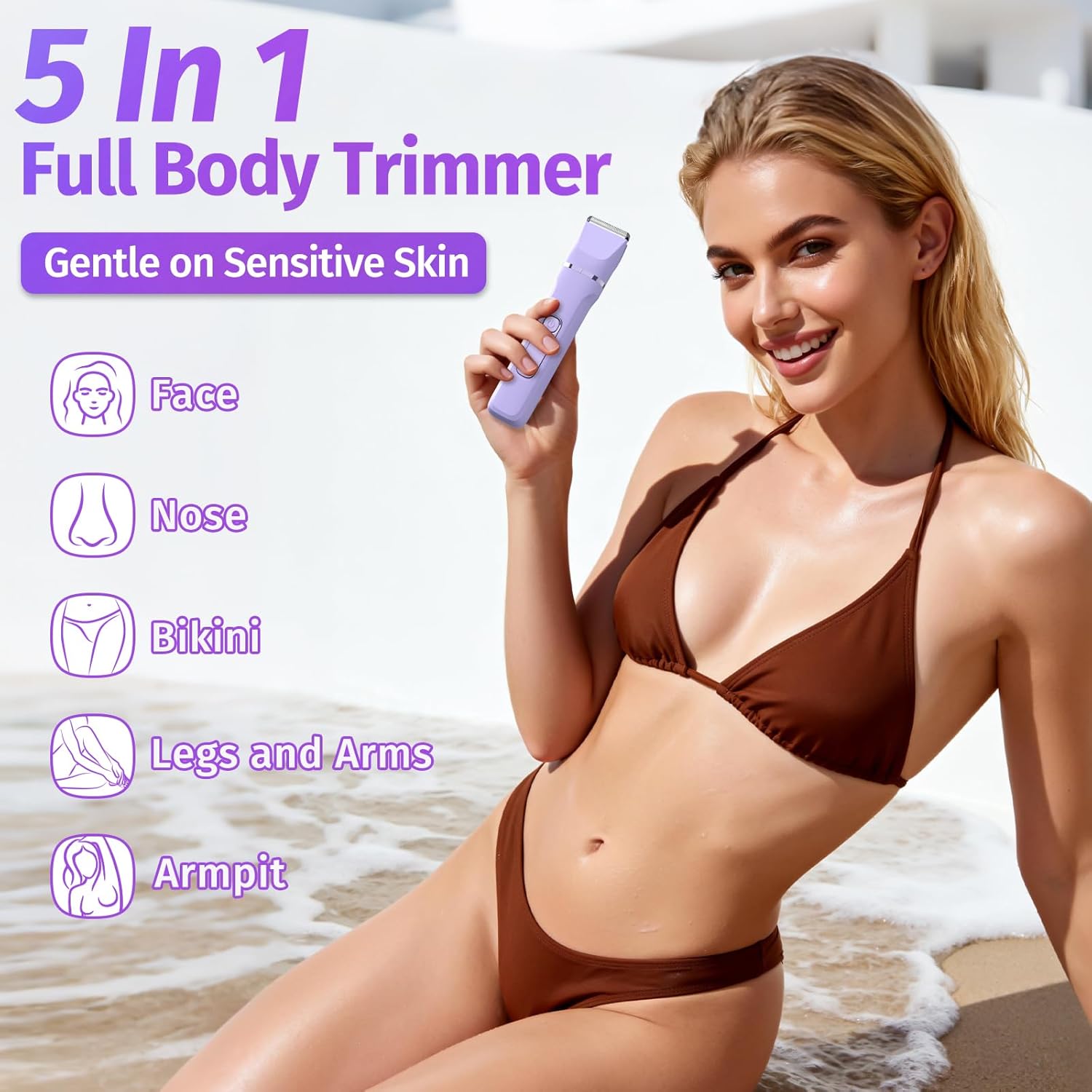 Bikini Trimmer for Women,5-in-1 Electric Razors for Women,Electric Shaver for Women's,IPX7 Waterproof Trimmer for Men Legs,with 5 Replaceable Blade Heads,USB Recharge Dock（Purple）