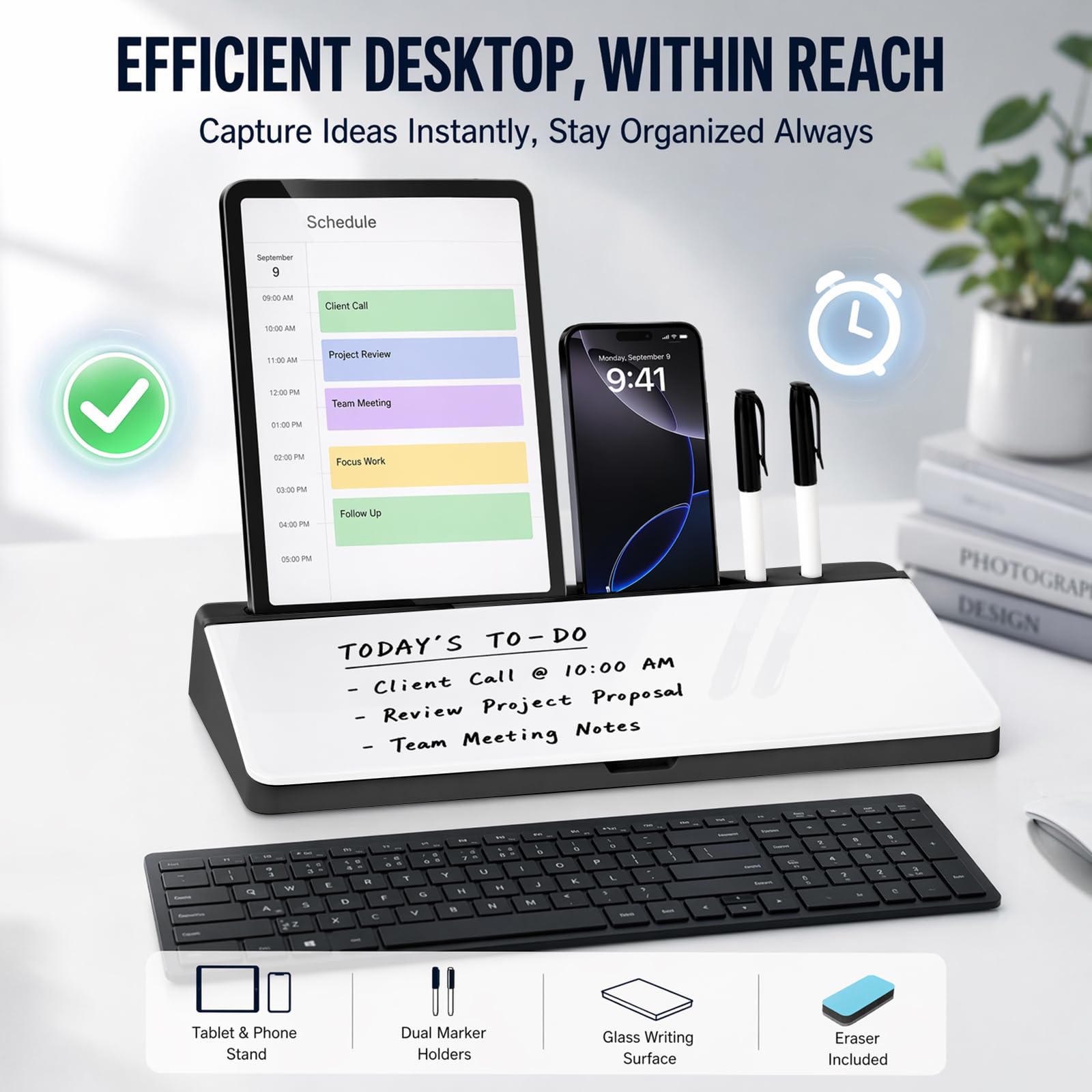 Schreibtisch Whiteboard aus Glas mit Stauraum, Trockenwisch Memoboard, Organizer ersetzt Haftnotizen für Büro & Homeoffice (Schwarz)