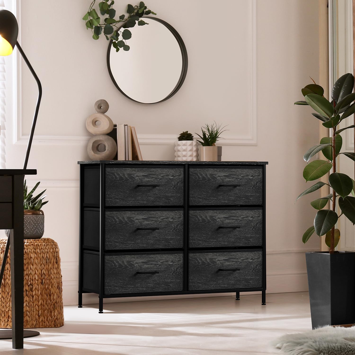 Sorbus Dresser with 6 Faux Wood Drawers - Chest Organizer Unit with Steel Frame Wood Top & Handle Easy Pull Fabric Bins for Clothes - Storage Furniture for Bedroom, Hallway, Living Room & Closet