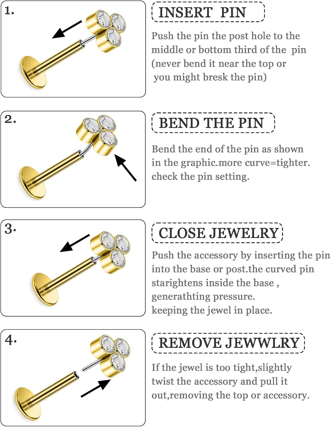 14K Gold Plated 20G 18G 16G Threadless Flat Back Earrings Studs Surgical Stainless Steel Push In Nose Rings Studs Tragus Forward Helix Conch Cartilage Earrings Piercing Jewelry For Women Men - Image 3