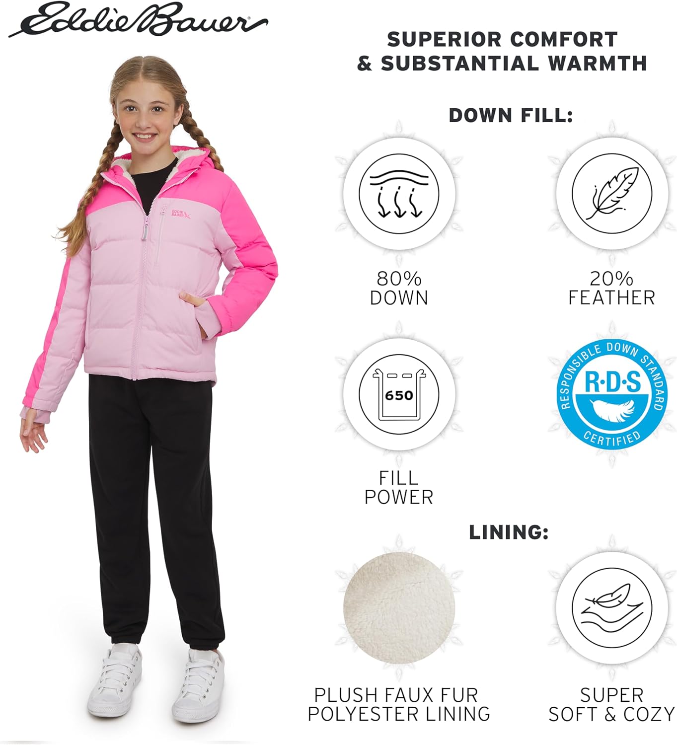 Eddie Bauer Girls' Classic Heavyweight Faux Fur Lined Hooded Insulated Down Jacket - Image 3