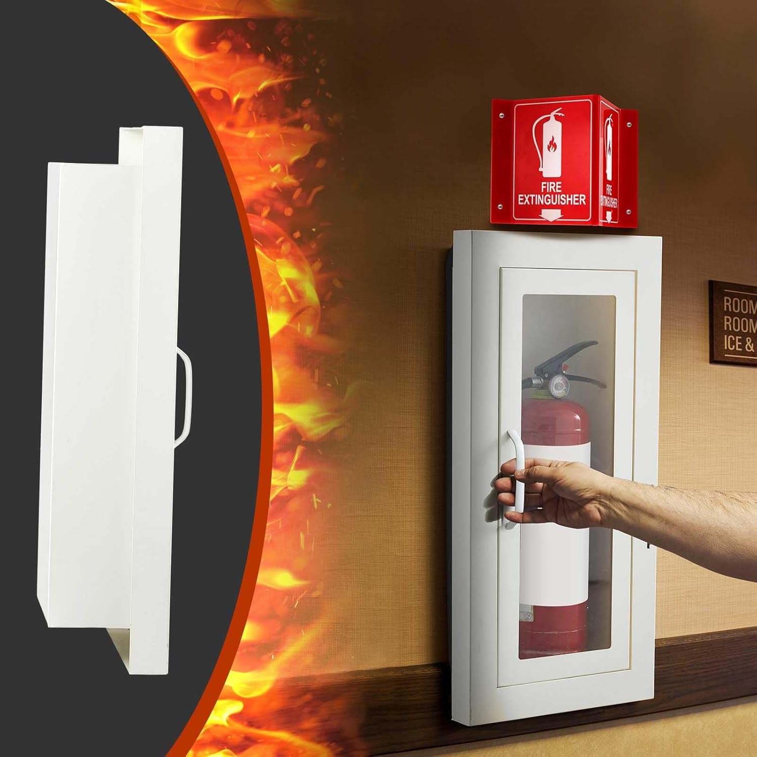 Zonon Semi-recessed Fire Extinguisher Cabinet with Acrylic Sign Steel Fire Extinguisher Box with Magnetic Door, White Industrial Grade Wall Mount, 2.5 Inch Trim, for 10lb Dry Chemical(Full Window)