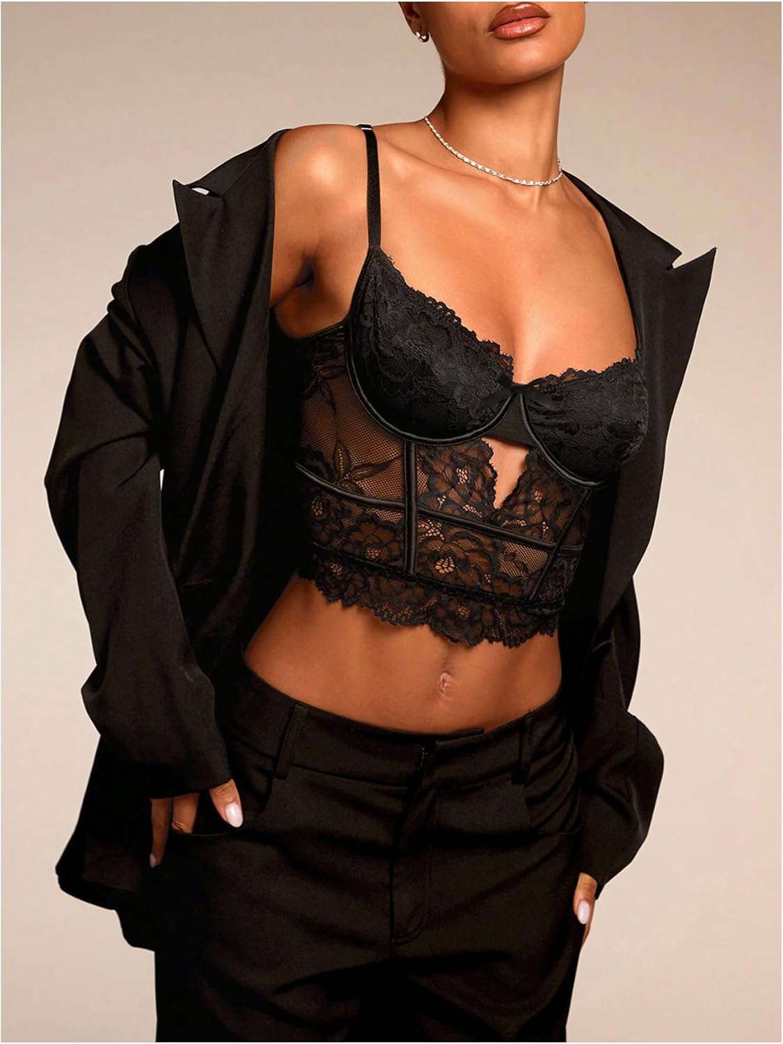 SHENHE Women's Y2k Lace Sheer Crop Bustier Corset Top Sexy Spaghetti Strap Night Out Cami Tops - Image 2