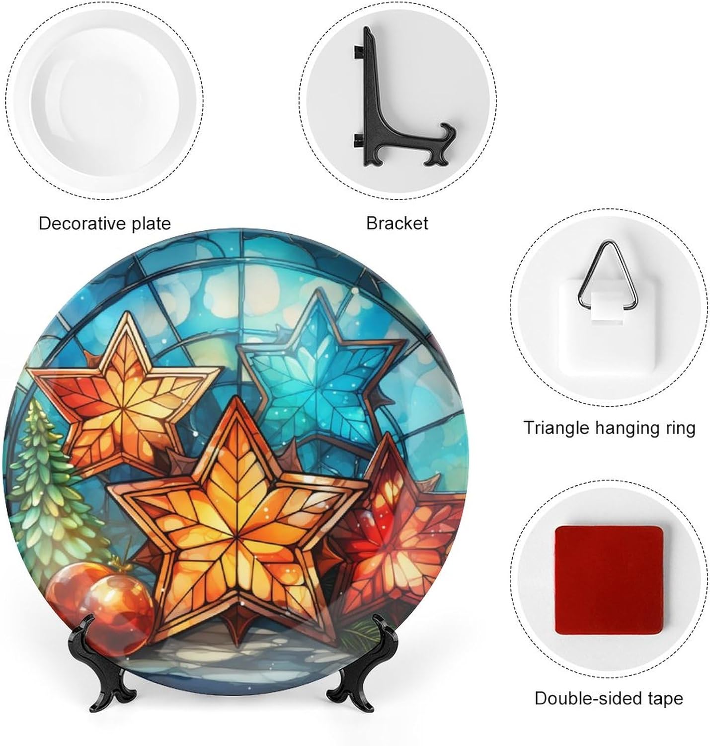 Xmas Decorative Plates, Christmas Tree & Stars Display Plate for Home Office Kitchen Table Decor, Stained Glass Design Porcelain Plates Xmas Ornament 6 Inch