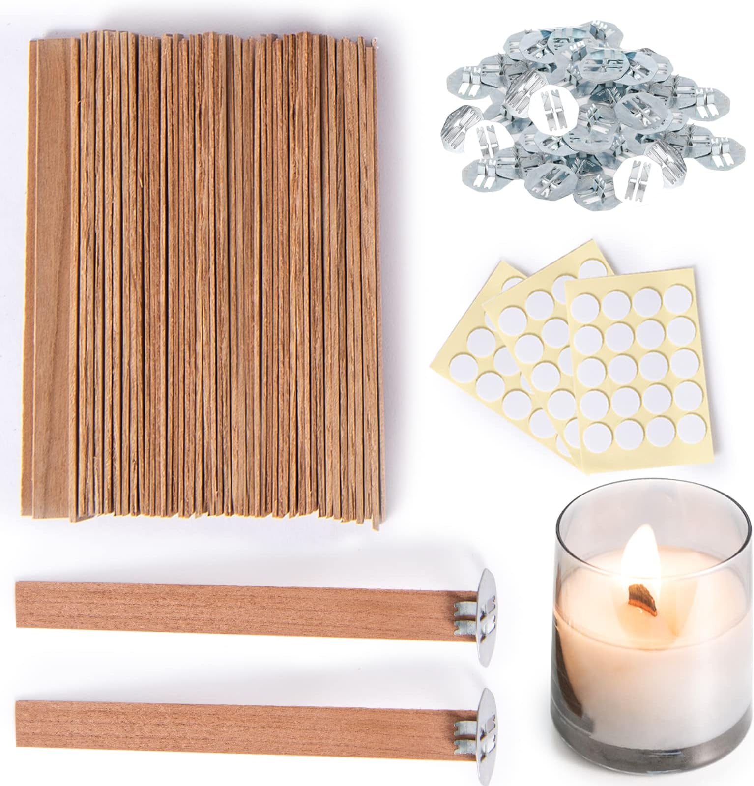 Ziosxin 50 Set Candle Wick, Thicken Smokeless Cherry Wood Wicks for Candles-Long Lasting Flame-Easily Burn, Candle Cores with Stand and Glue Dot, Candle Wicks for Candle Making