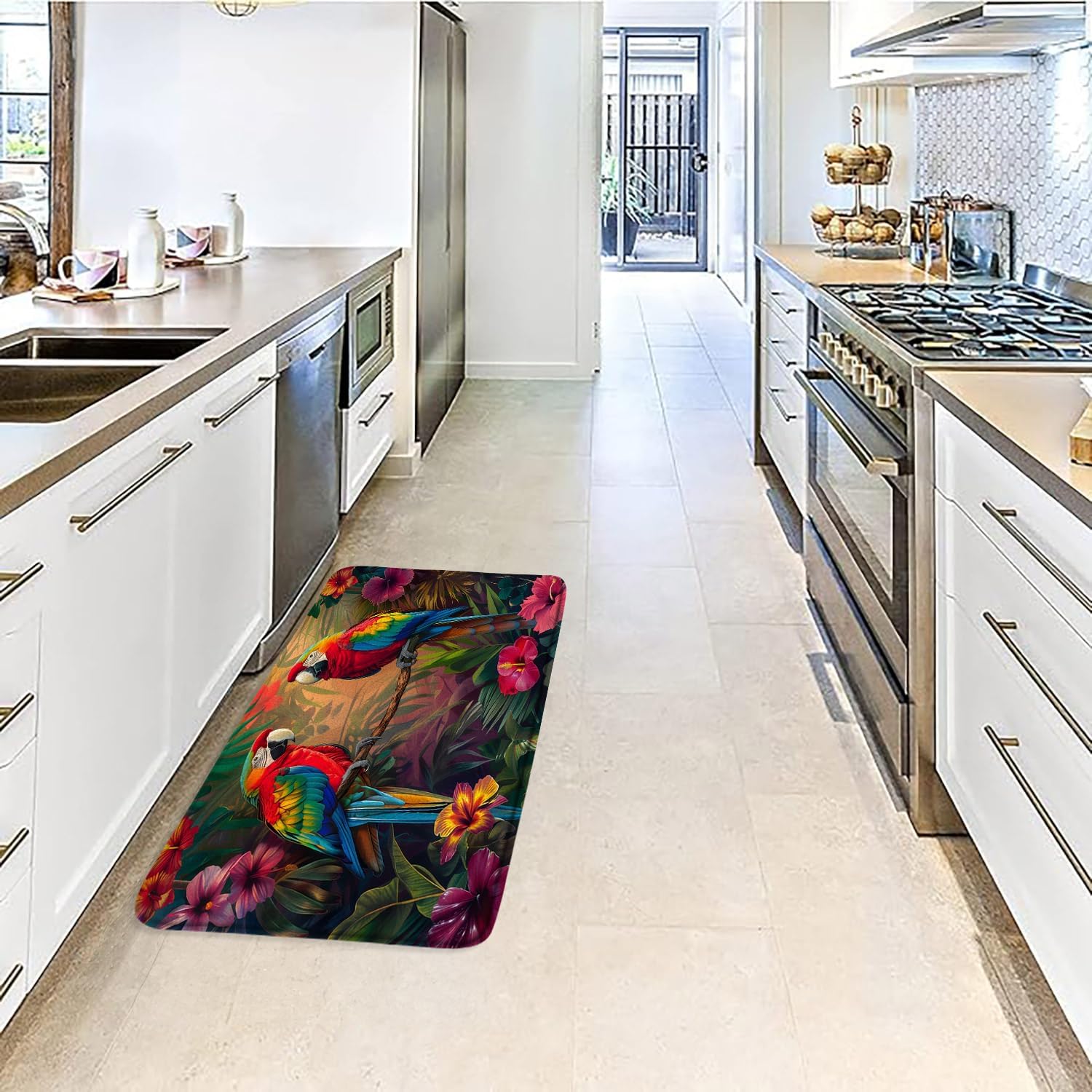Tropical Birds Bath Mat Parrot Jungle Leaves Floral Botanical Wildlife Animal Memory Foam Bathroom Kitchen Bedroom Livingroom Soft Floor Rug, 24"x47"