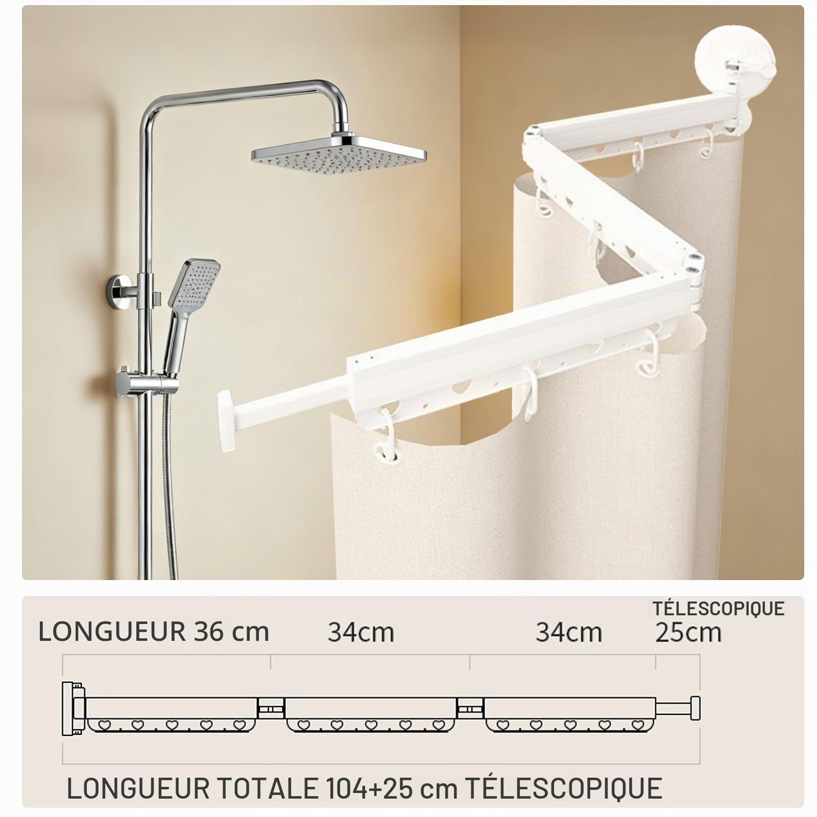 Tringle à rideau de douche pliable à 3 voies de 104 cm pour salle de bain sans perçage - Ventouse puissante - Angle réglable - Séchoir à linge rétractable