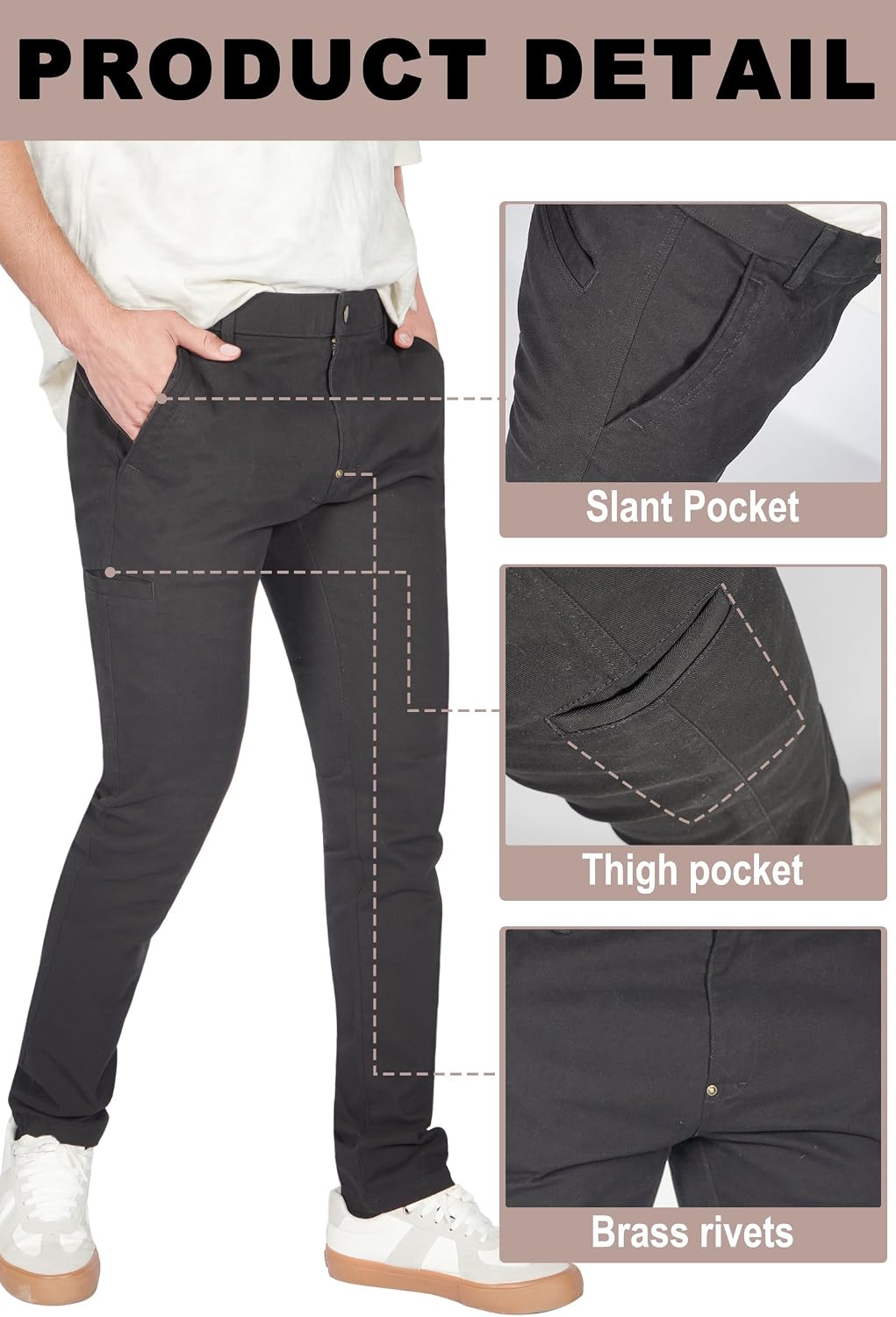 Plaid&Plain Men's Skinny Fit Chino Pants, Slim Tapered Khaki Pants with Pockets