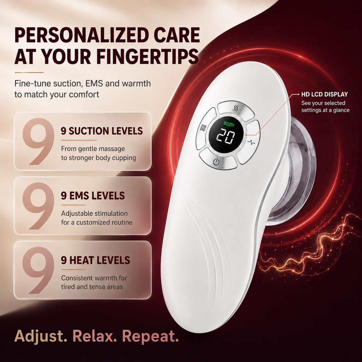 4-in-1 Anti-Cellulite Schröpfmassagegerät mit EMS und Rotlicht | 9 Saugstufen & 9 EMS-Stufen, Wärmefunktion, 2 Aufsätze, LCD-Display, USB-C-Akku, für Gesicht & Körper