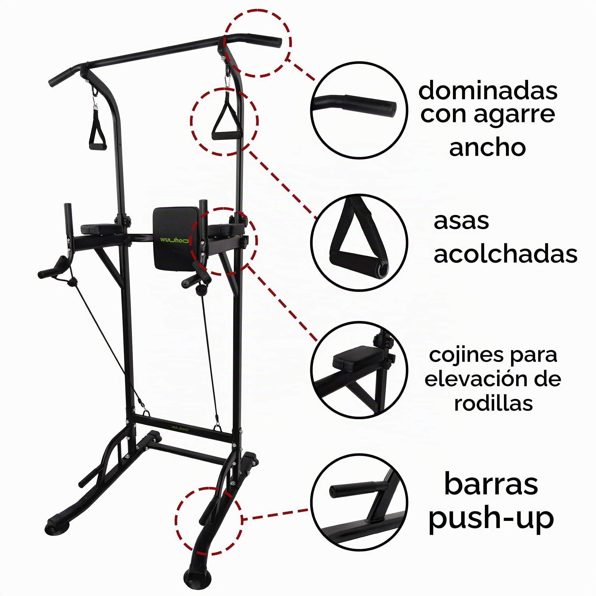 wuuhoo® Rack Multifuncional - Estación de Dips y Pull-Ups con Respaldo, Cuerda de Tracción y Cuerda de Tensión hasta 150kg de Capacidad