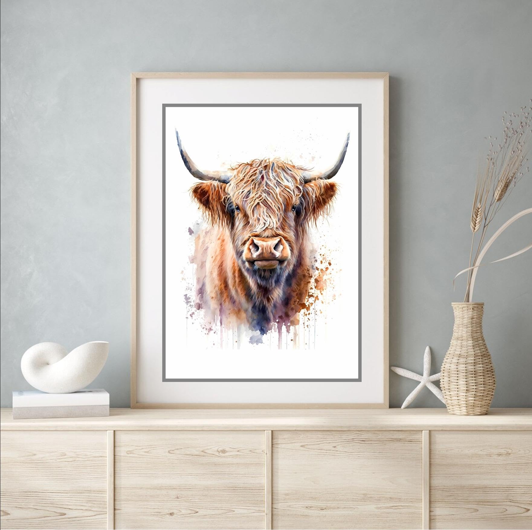 Beauitiful vivid fine art print of a Highland cow painting (picture 1) (A4 PRINT ONLY 29.7 X 21CM)
