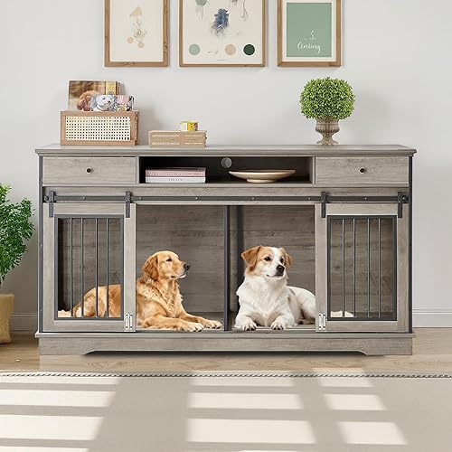 Rovibek Muebles de jaula doble para perros de 66 pulgadas, jaula decorativa 2 en 1 para 2 perros con cajón y divisor extraíble, mesa auxiliar para