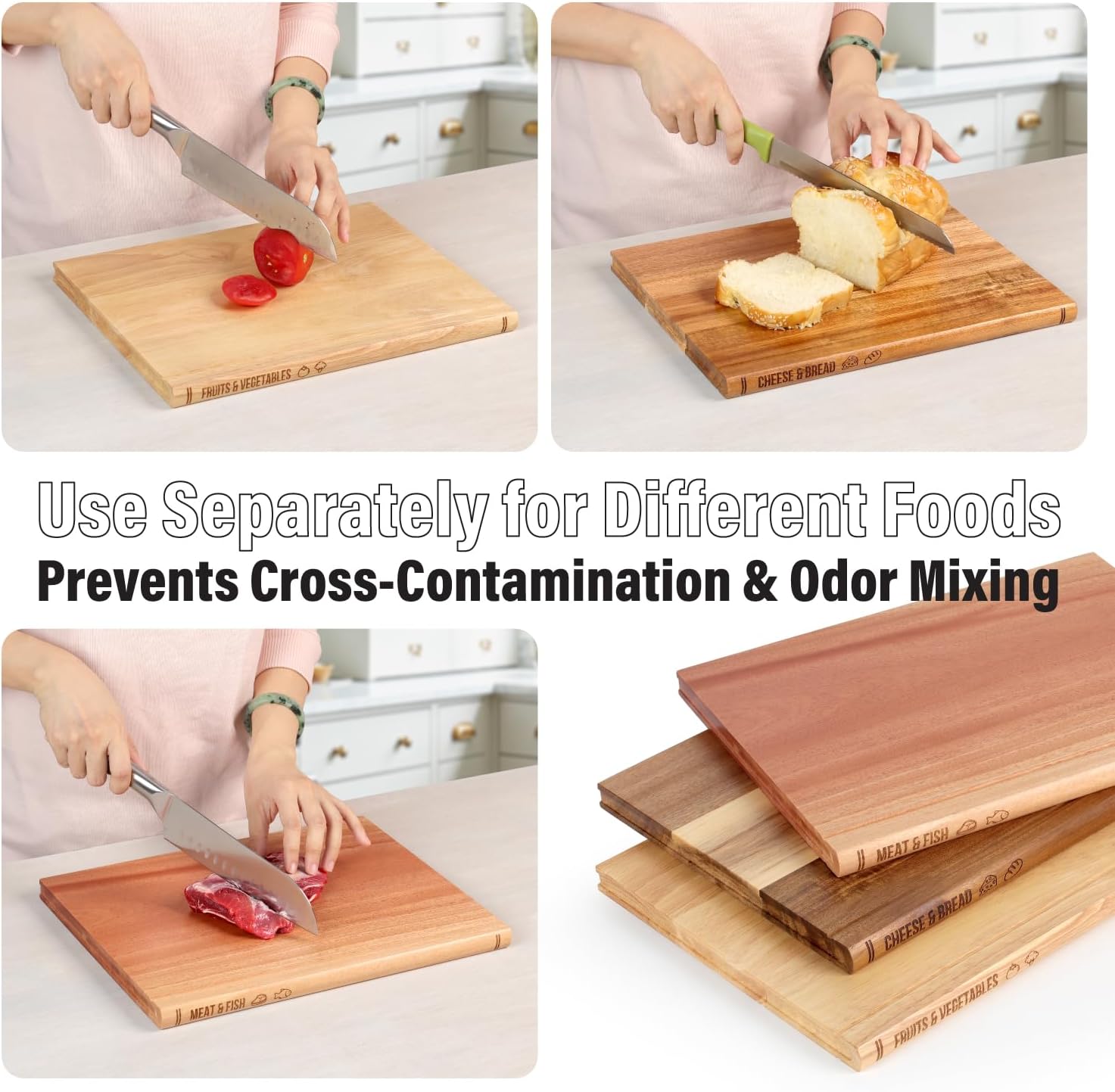 Book Cutting Board Set of 3 with Stand-The Cutting Board Library, Solid Wood Book-Shaped Boards for Serving & Display, Labeled Meat & Fish, Bread & Cheese, Fruits&Vegetables-Decorative Cutting Boards.