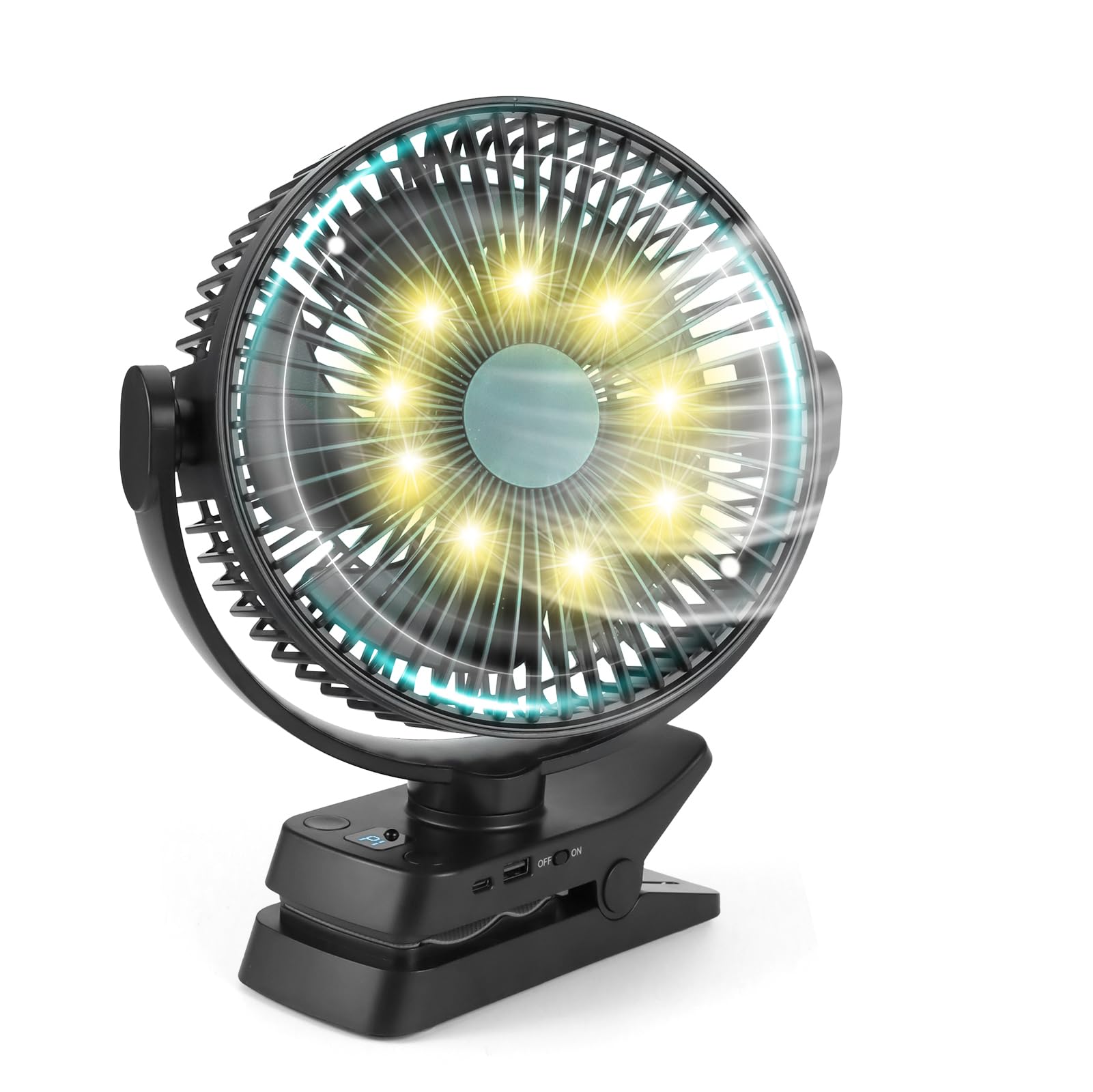 Ventilatore Portatile con Clip, 12000mAh Mini Ventilatore USB | Ventilatore Portatile Silenzioso a 5 Velocità con Telecomando, Timer e Luci LED, Ventilatore da Tavolo con Rotazione di 360°