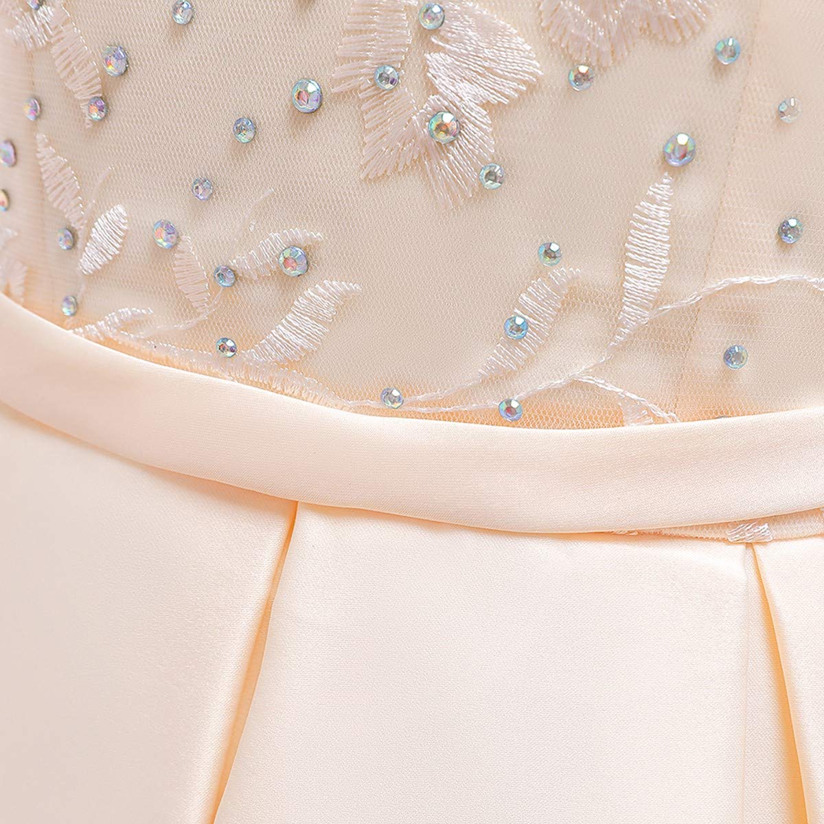 FMYFWY Abito lungo da bambina, in tulle e pizzo, a maniche lunghe, per matrimonio, compleanno, concorso, comunione, ballo di fine anno, lungo, maxi abito da ballo, Champagne, 9-10 Anni