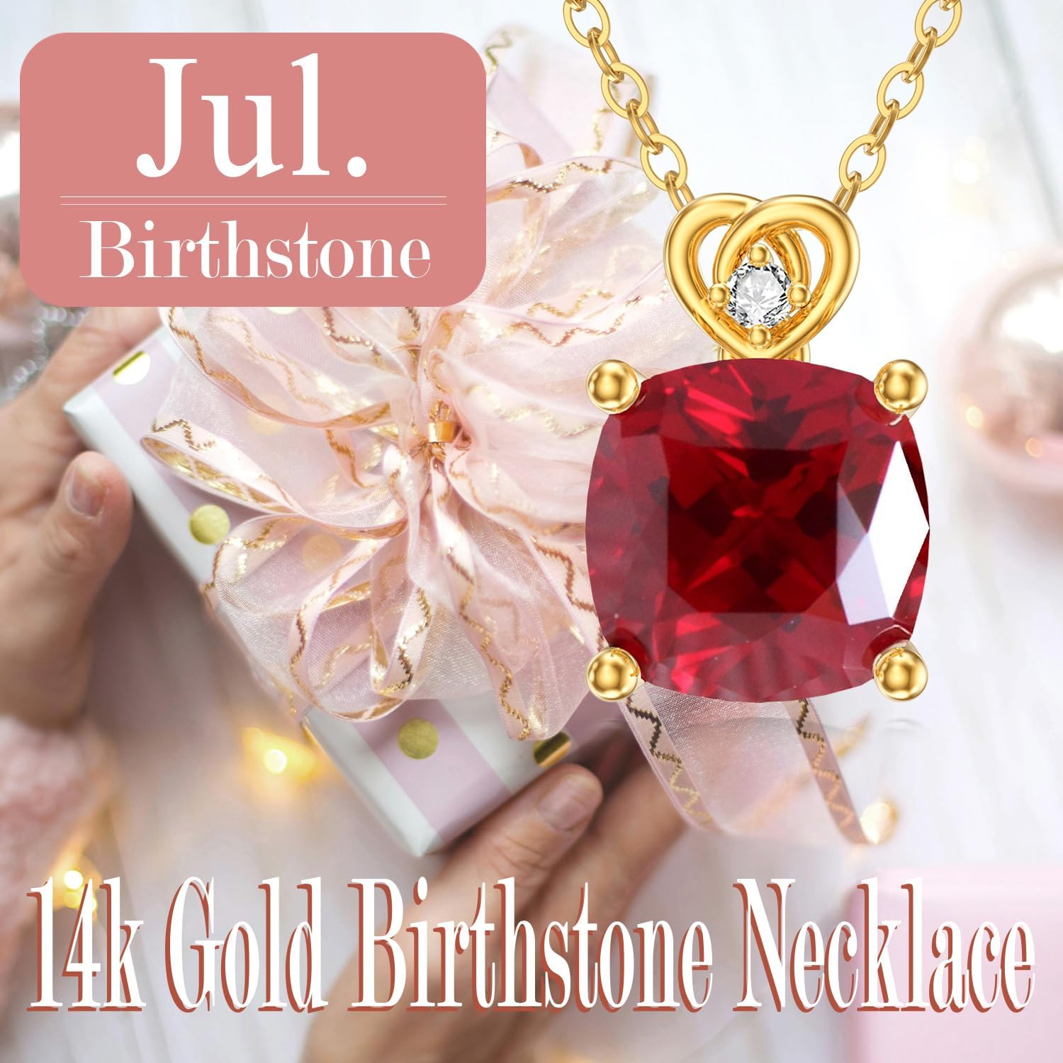 14k Gold Cushion-cut Gemstone Birthstone Necklace with Real Diamond(I2-I3 Clarity),2 Carat Created Birthstone Anniversary Birthday Mother's Day Necklaces for Women Mom Her - Image 6