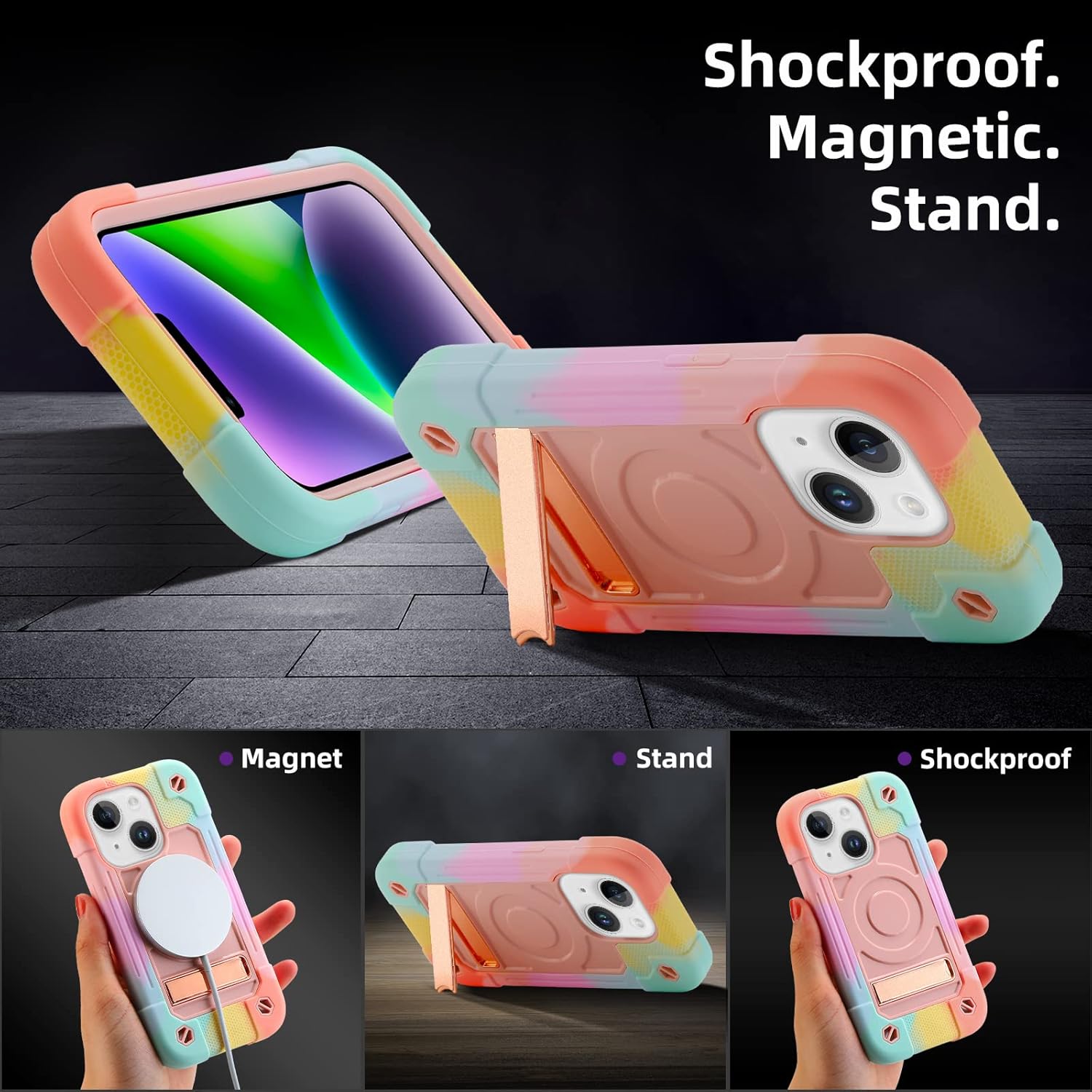 MARKILL Magnetic Case for iPhone 15 Plus Case/iPhone 14 Plus Case 6.7 Inch Compatible with MagSafe,with 2 Pack Glass Screen Protector + 1 Pack Camera Lens Protector Cover (Rainbow Pink)