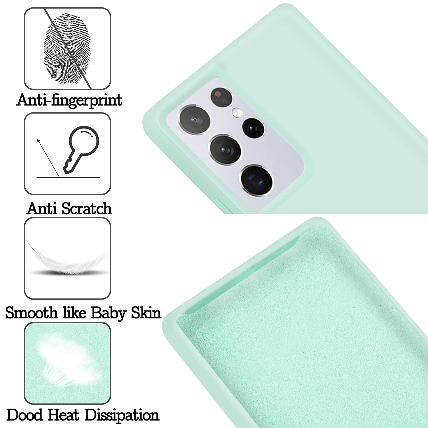 Funda para Samsung Galaxy S21 Ultra 5G de 6.8 pulgadas (2021), silicona líquida suave y forro de microfibra antiarañazos a prueba de golpes, compatible con S21 Ultra Cover (verde claro)