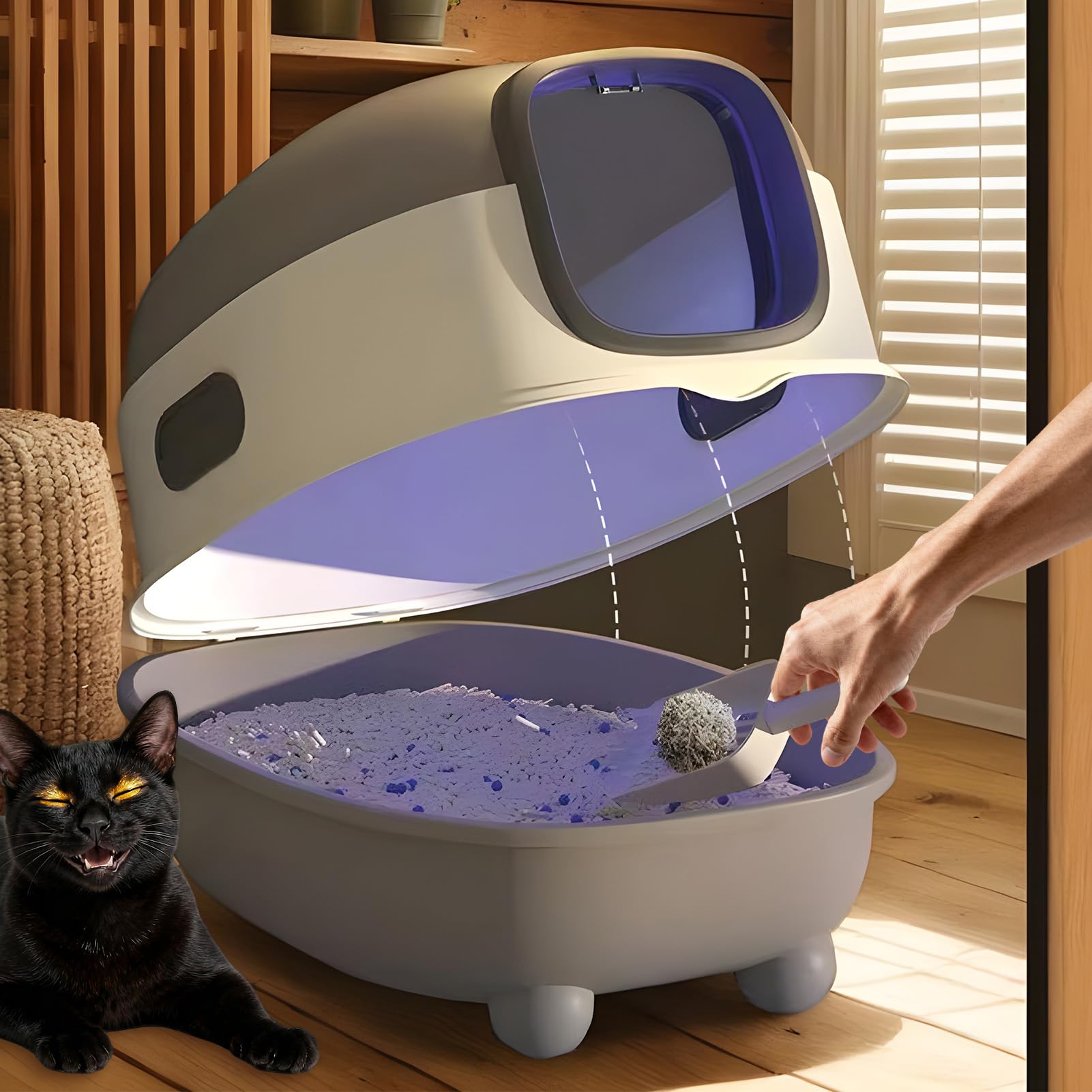 Lettiera autopulente per gatti, lettiera automatica per gatti con paletta e lampada UV, design aperto, grande capacità, per gattini piccoli, medi e grandi, balcone, terrazza, giardino, appartamento
