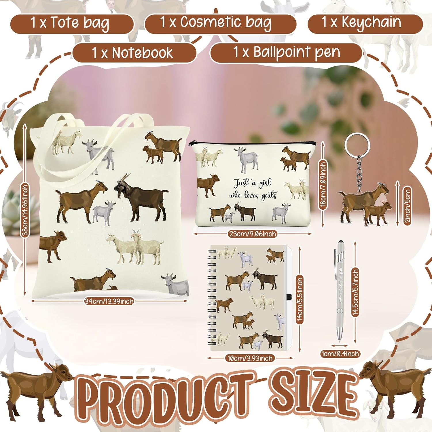 Kinlop 5 Pcs Goats Lover Gifts for Women Include Just a Girl Who Loves Goats Tote Bag Canvas Cosmetic Bag Coil Notebook Keychain and Ballpoint Pen for Women Girls - Image 2