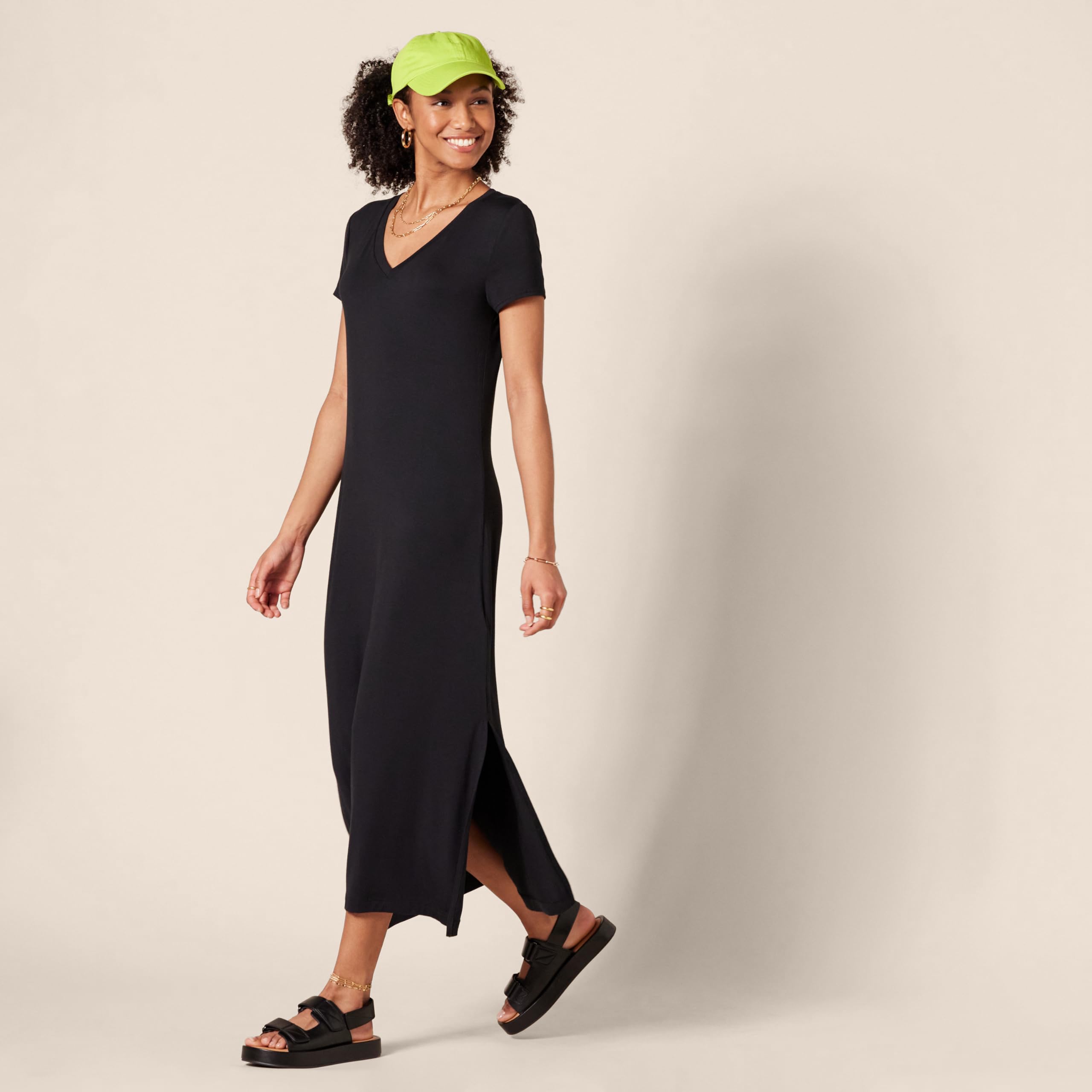 Amazon Essentials Vestido Midi de Punto de Manga Corta con Escote en Pico Mujer