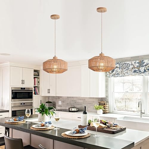 Miniatura 9 de Lámpara colgante tejida de color negro bohemio y moderno, con una sola luz, ajustable, rústica, cuerda de cáñamo, iluminación colgante para cocina,