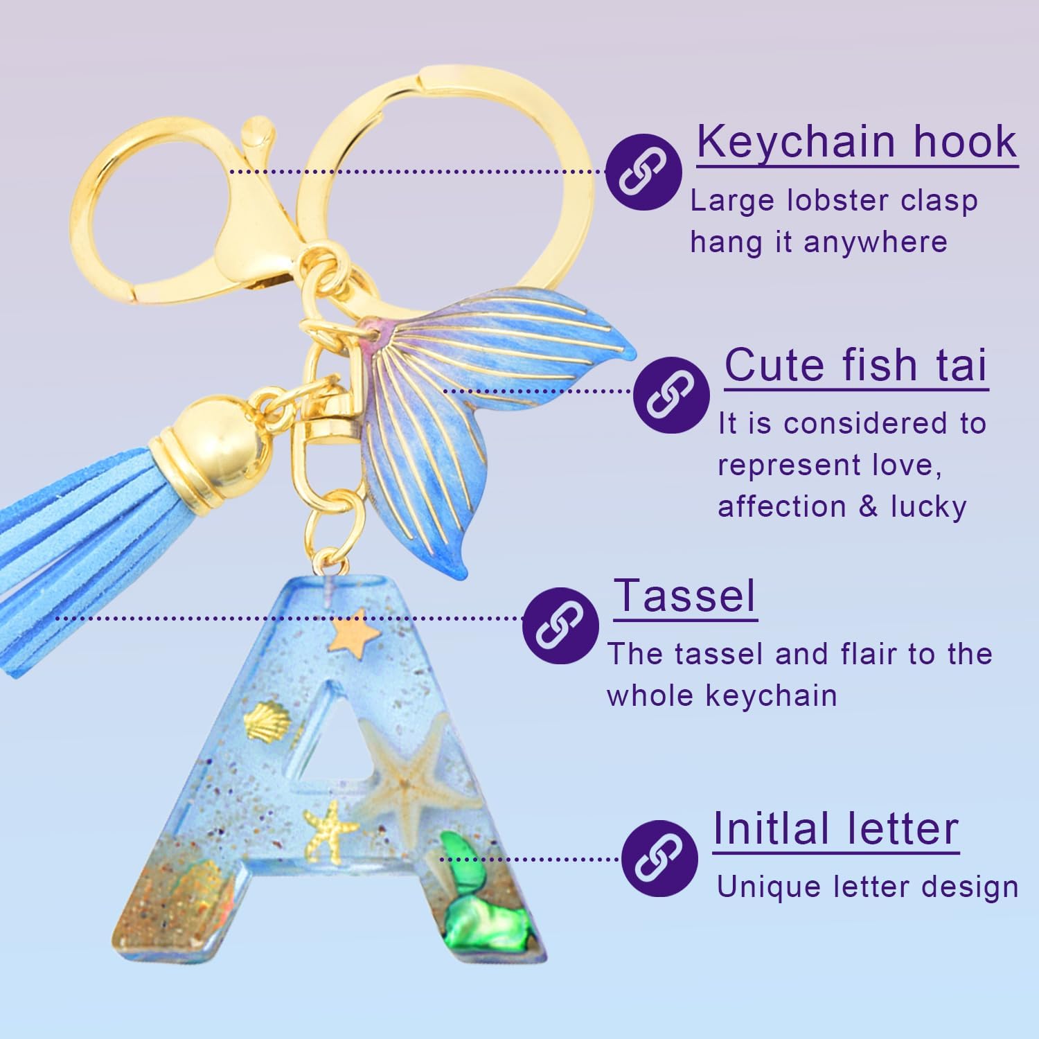 Initial letter Keychains for Women, Ocean Series Avowing Protect Earth Environment, Tassel Cute Car Keychain Initial Key Chain Keyring for Bookbag Handbag Backpack Charm Key Ring Unisex (Letter J)