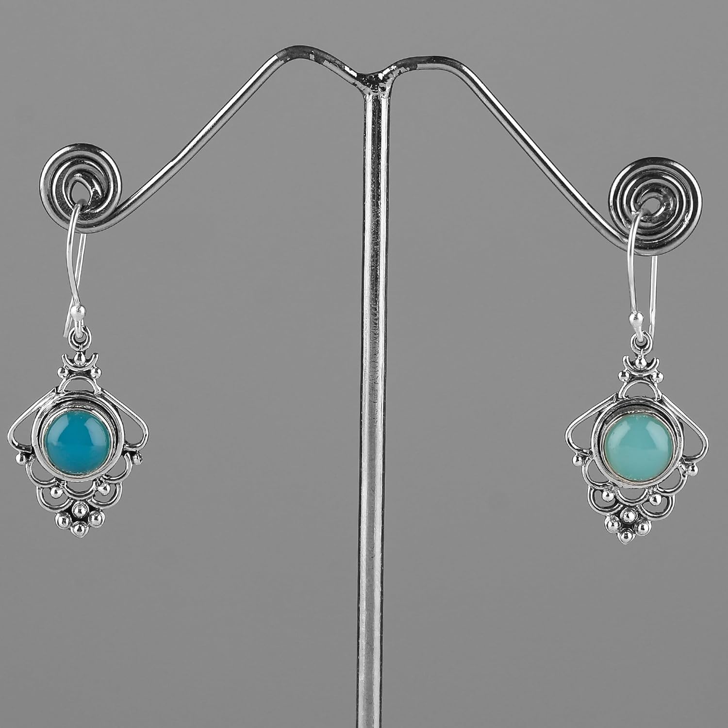 925 Sterling Silver Stud Earrings for Women, Natural Aqua Chalcedony Earrings, Healing Crystals, Gemstone Crystals Jewelry, Handmade, Birthstone, Filigree, Bridal Jewelry - Image 4