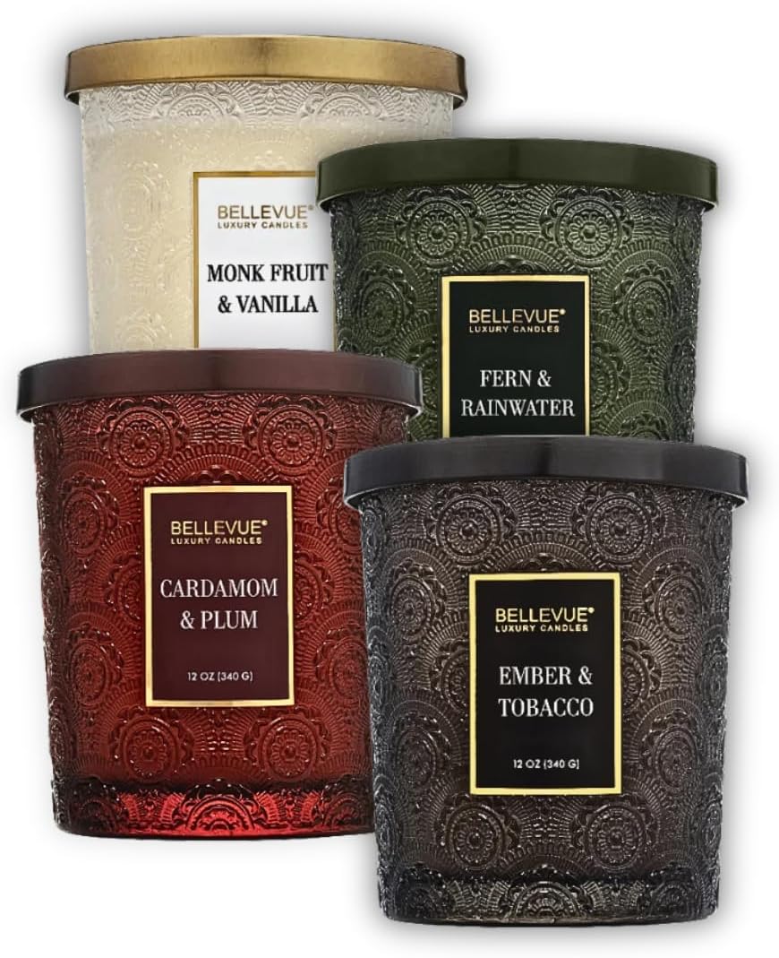 Luxury Scented Candle Set – 12 oz Each, 4-Pack | Soy Blend Wax | Dual Wick | Long-Lasting Home Fragrance | Embossed Glass Jars with Metal Lids (All 4)