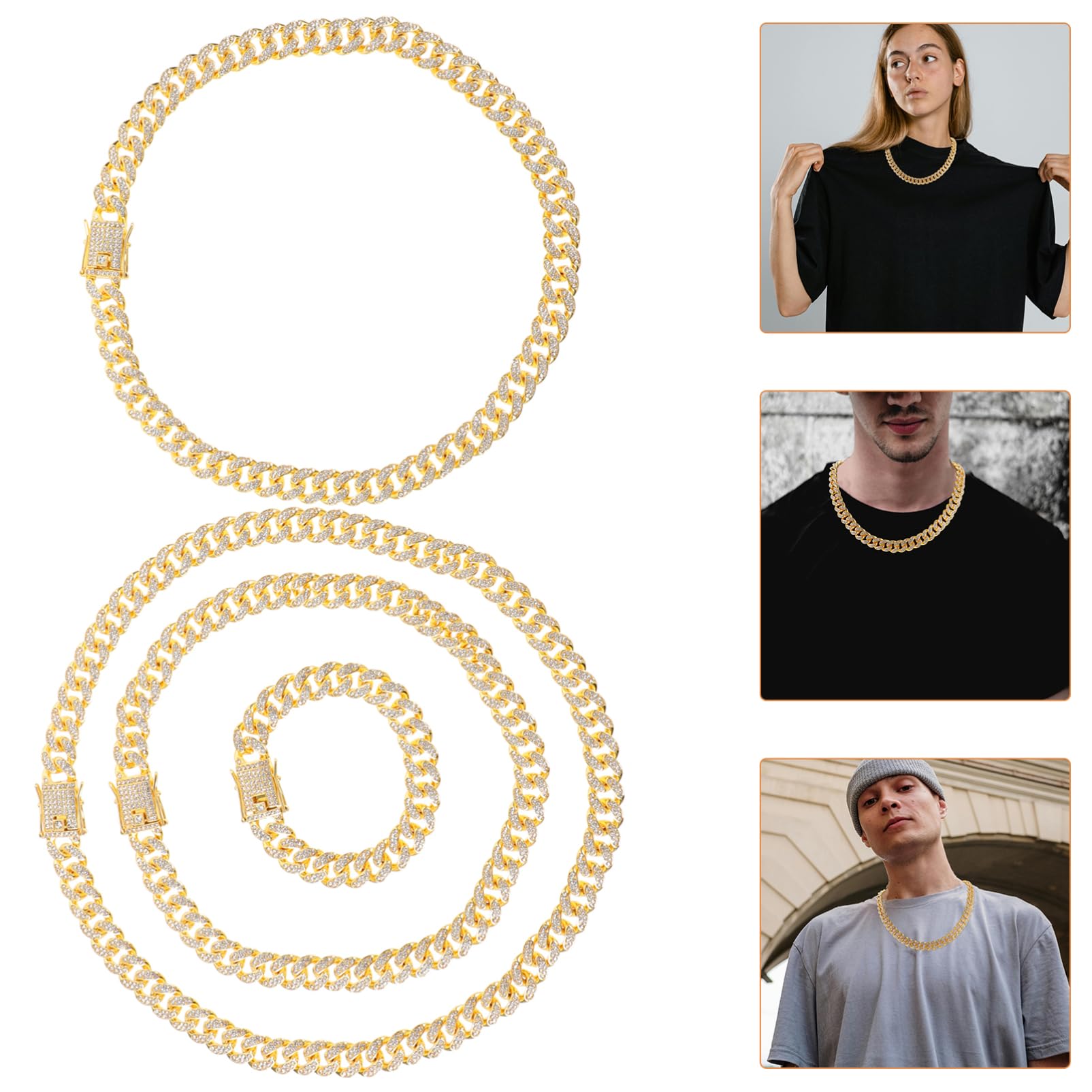 jojofuny 4pezzi Collana Catena Cubana Strass e Bracciale Maglie Impilabili Di Accessori Catena in Metallo Per Uomo e Donna
