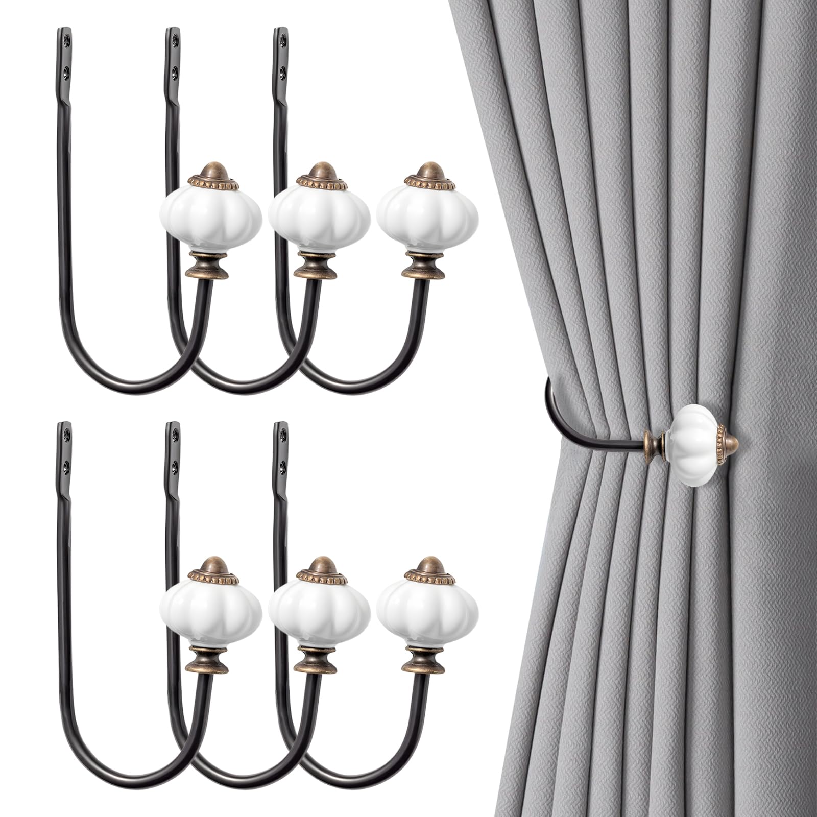 Heuiop Black Curtain Holdbacks With Curtain Hooks,6 Pcs Metal Tie Backs, Wall Mounted Drapery Holdbacks For For Bedroom Fixed Curtain Or Hanging Items（Black）