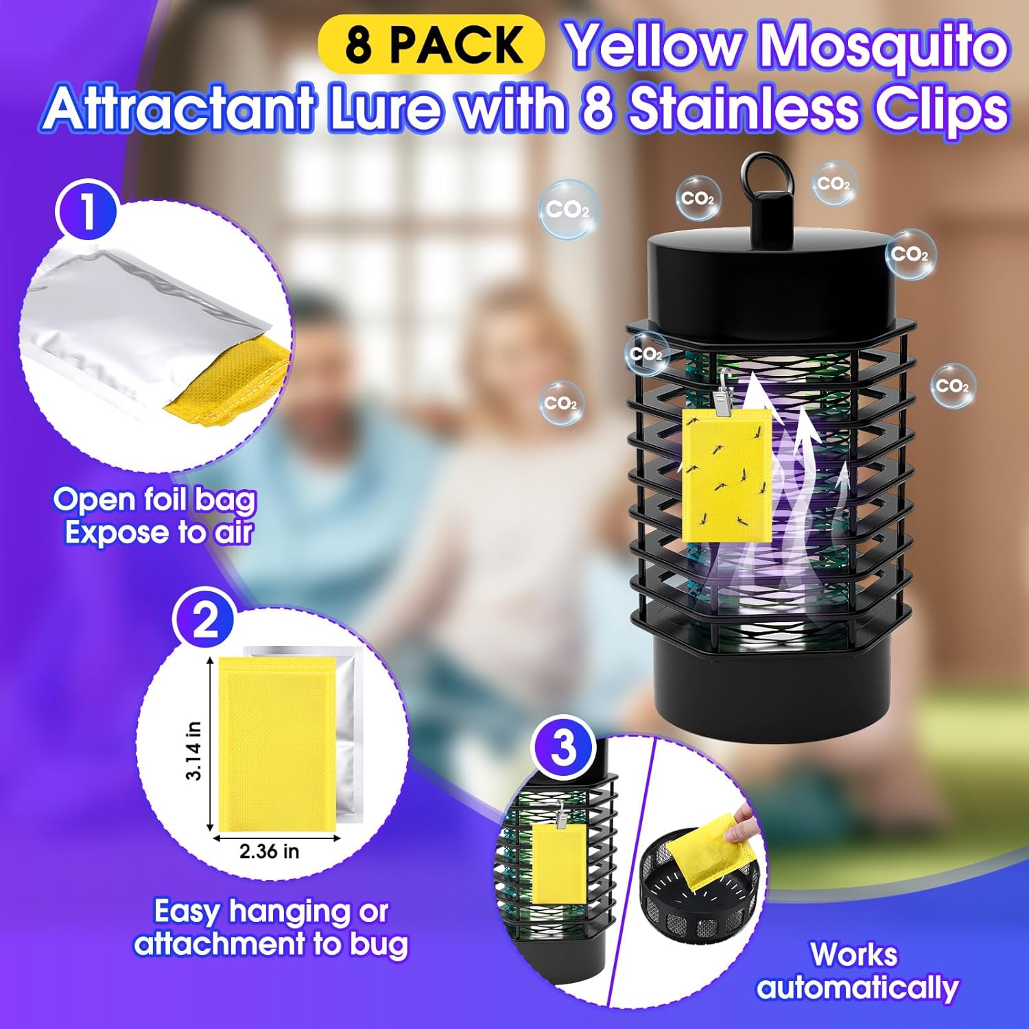 8 Pack Mosquito Attractant Lure with 8 Stainless Clips, Bulk Lure for Bug Zapper Bait Refill Compatible with All Mosquito Trap for Indoor Outdoor, Safe and Long Lasting, 10g Each Pack