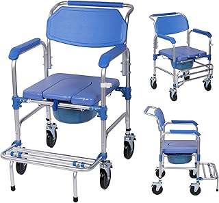 4-in-1 Bedside Commode Chair With 5" Wheels, 330 lbs Weight Capacity, Shower Wheelchair for Inside Shower, Toilet for Elderly and Disabled, Blue