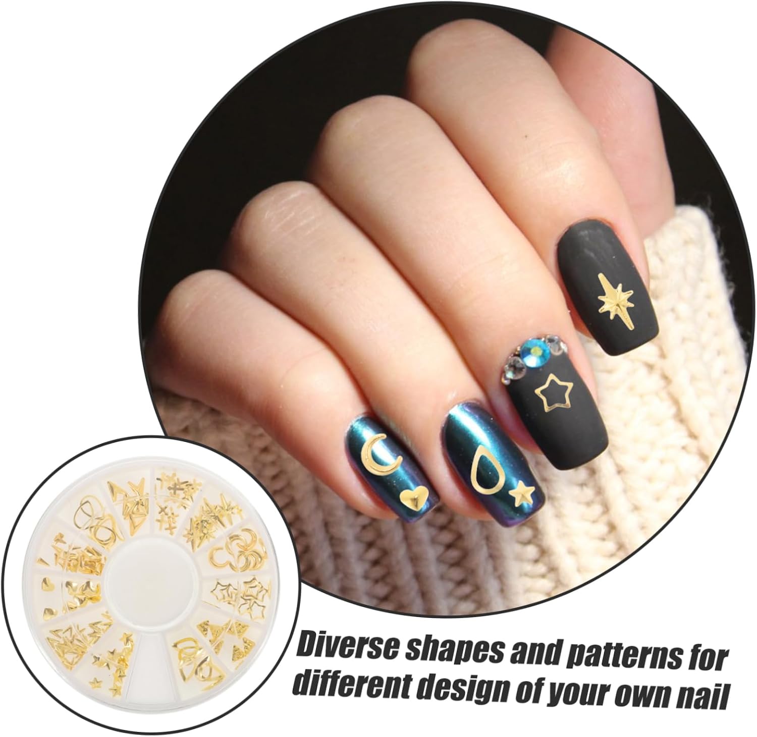 HEALSOPTHY 120Pcs Mixed Metallic Nail Studs Gold Rivet Shapes Including Oval Circle Square Triangle for Nail Art Crafts for Artificial Nails