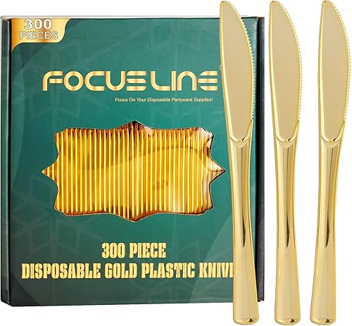 FOCUSLINE Paquete de 300 cuchillos desechables de plástico dorado, cuchillos de plástico sólido y duradero, cubiertos desechables resistentes para
