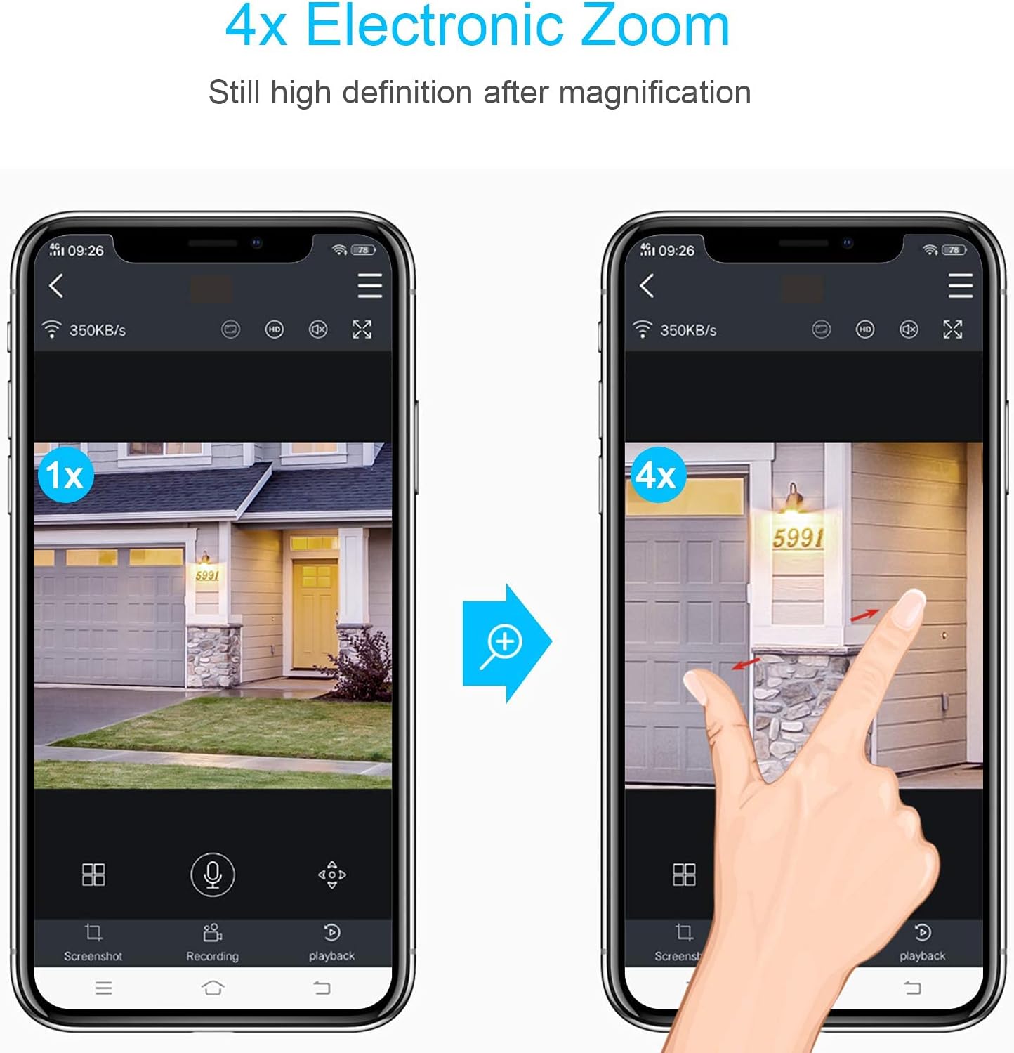 Mobile app showing 1x and 4x electronic zoom on camera footage