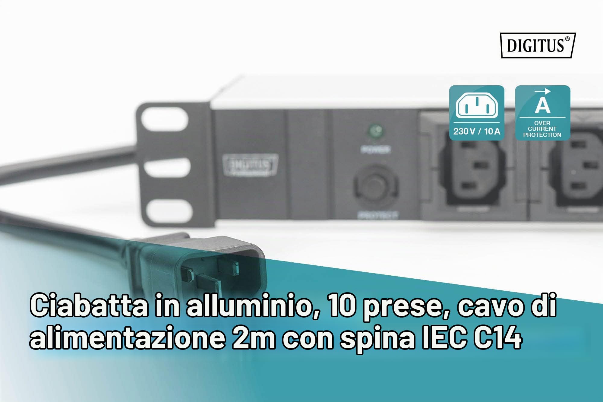 DIGITUS DN-95404 - Presa multipla 19" - 10 prese C13 - 1U - Con protezione da sovraccarico - 230VAC 50/60Hz - 10A - 2300W - Per armadi di rete e server da 19