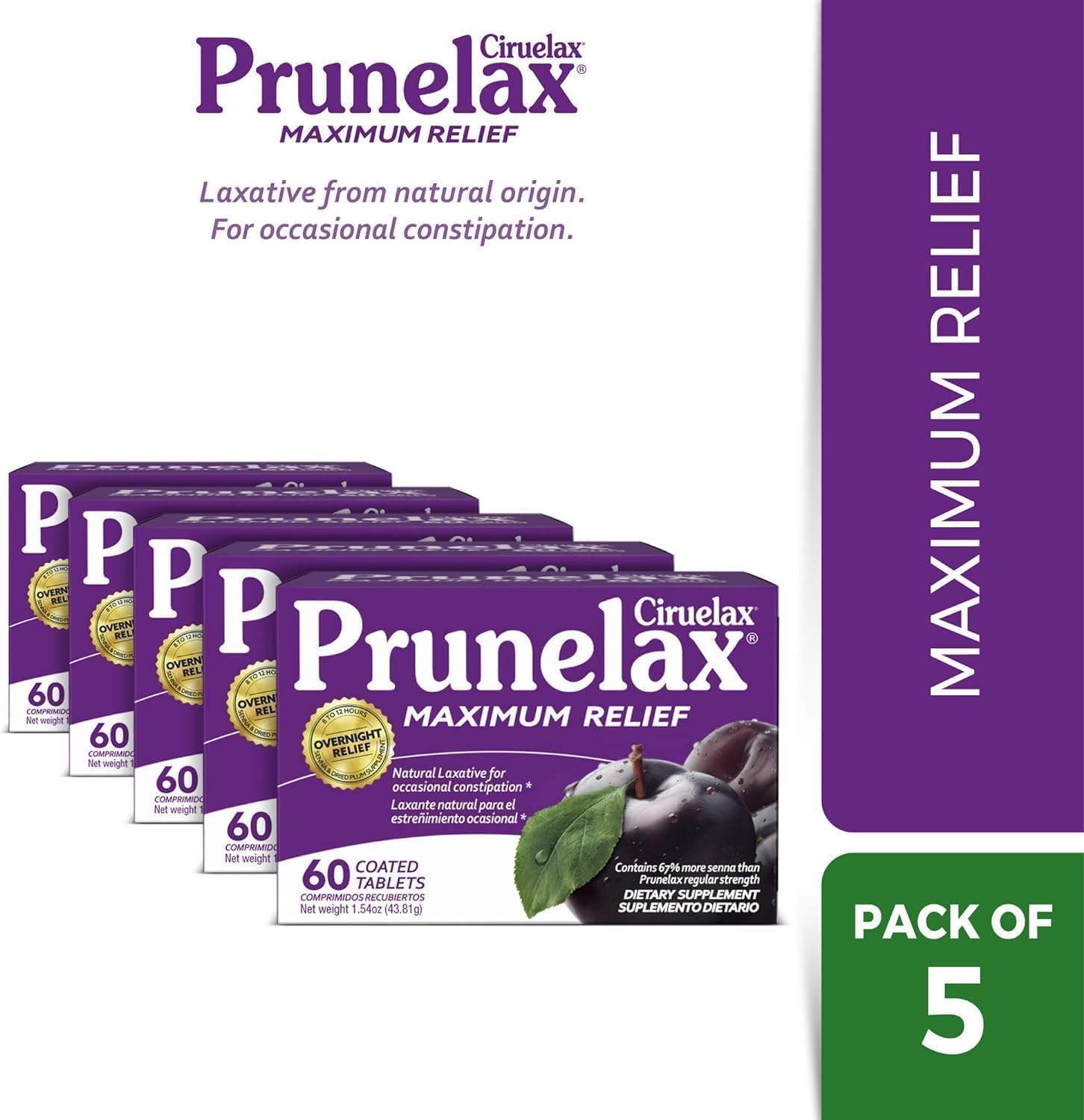 Prunelax Ciruelax Maximum Relief Laxative Tablets with Natural Senna for Occasional Constipation, Senna Extract, Vegan & Gluten-Free, Gentle Overnight Relief - 60ct (Pack of 5)