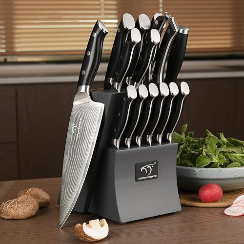 Miniatura 6 de Damasco - Juego de cuchillos de cocina de 15 piezas con bloque, mango ergonómico de ABS para juego de cuchillos de chef y cuchillos de carne