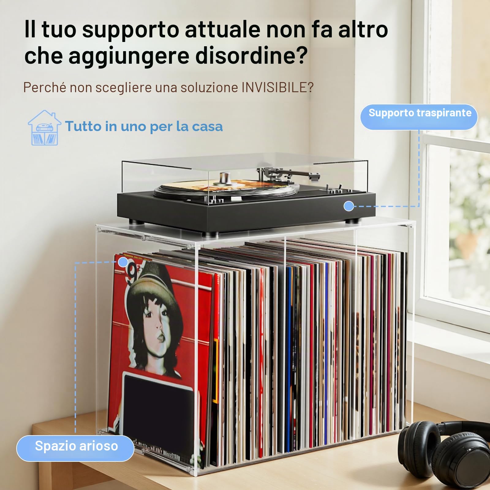 Bikoney Porta Dischi Vinile, Supporto in Acrilico Trasparente Impilabile, Contenitore per Oltre 50 Album, Espositore da Tavolo per LP da 12" e Singoli da 7", Cristallino