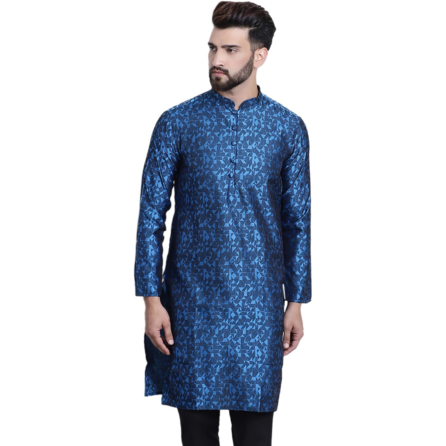 Sojanya (Since 1958 Men's Silk Blend Blue Geometrical Print Only Long Kurta