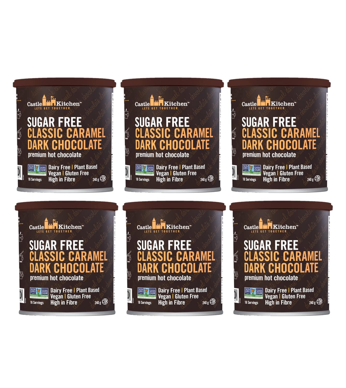 Castle Kitchen Sugar Free Caramel Dark Hot Chocolate (6 Pack) Premium Plant Based, Dairy Free, Gluten-Free, Vegan Hot Coca Mix - Just Add Water - 14 oz Can