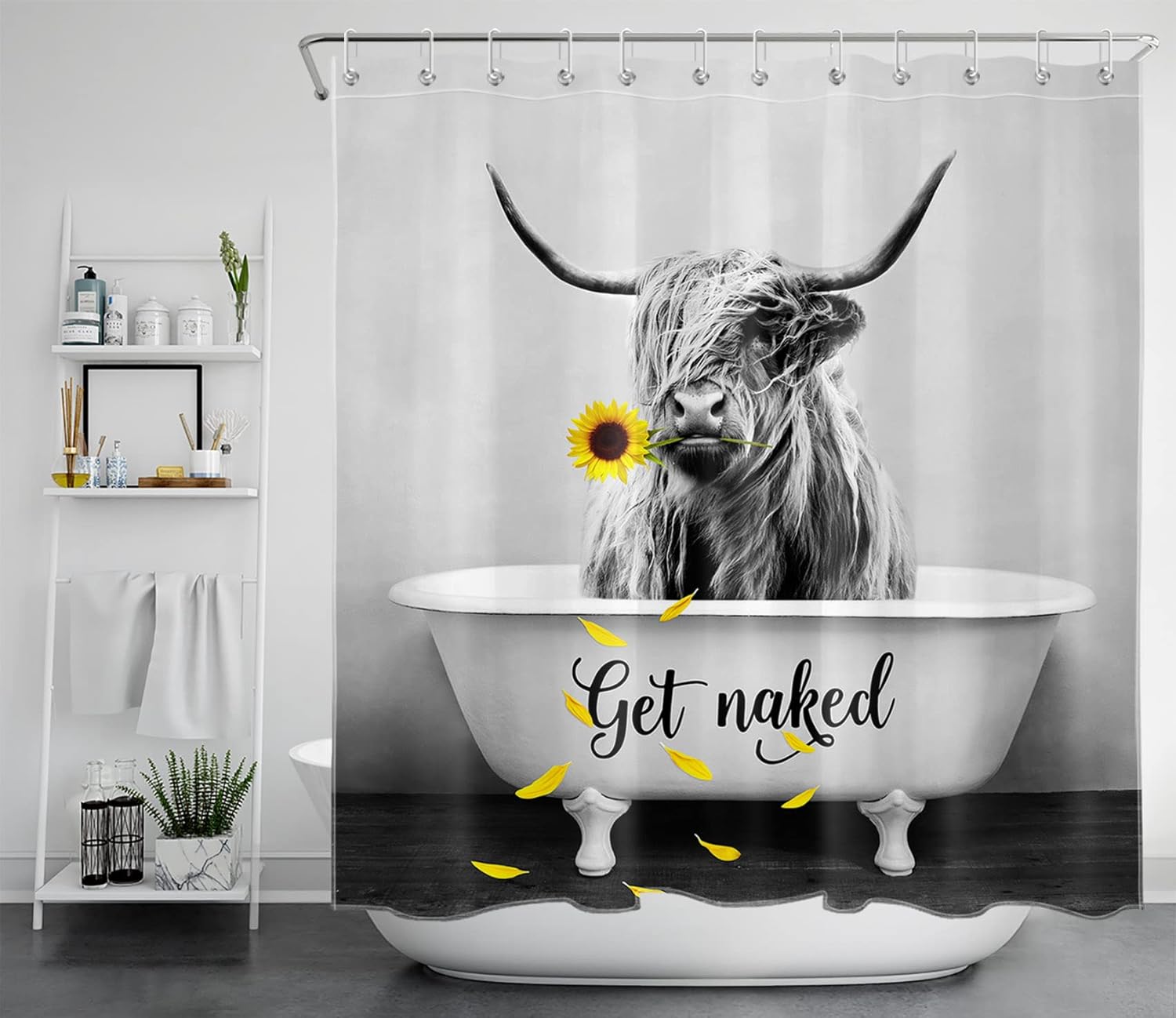 LB Funny Highland Cow Shower Curtain, Modern Farmhouse Highland Cow with Sunflower Shower Curtains, Grey Rustic Wood Barn Door Western Wildlife Animal Bathroom Curtains Set with Hooks, 60X72 Inches : Home & Kitchen