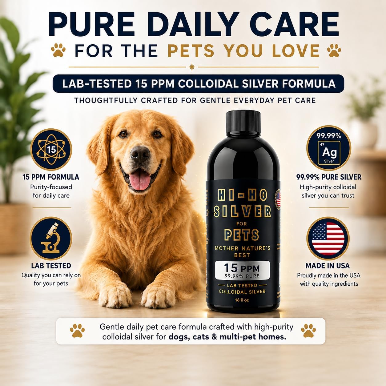 Colloidal Silver for Pets, 15 PPM Silver Liquid for Dogs & Cats, Skin & Immune Daily Wellness Support, 99.99% Pure, Lab Tested, Made in USA, 16 fl oz