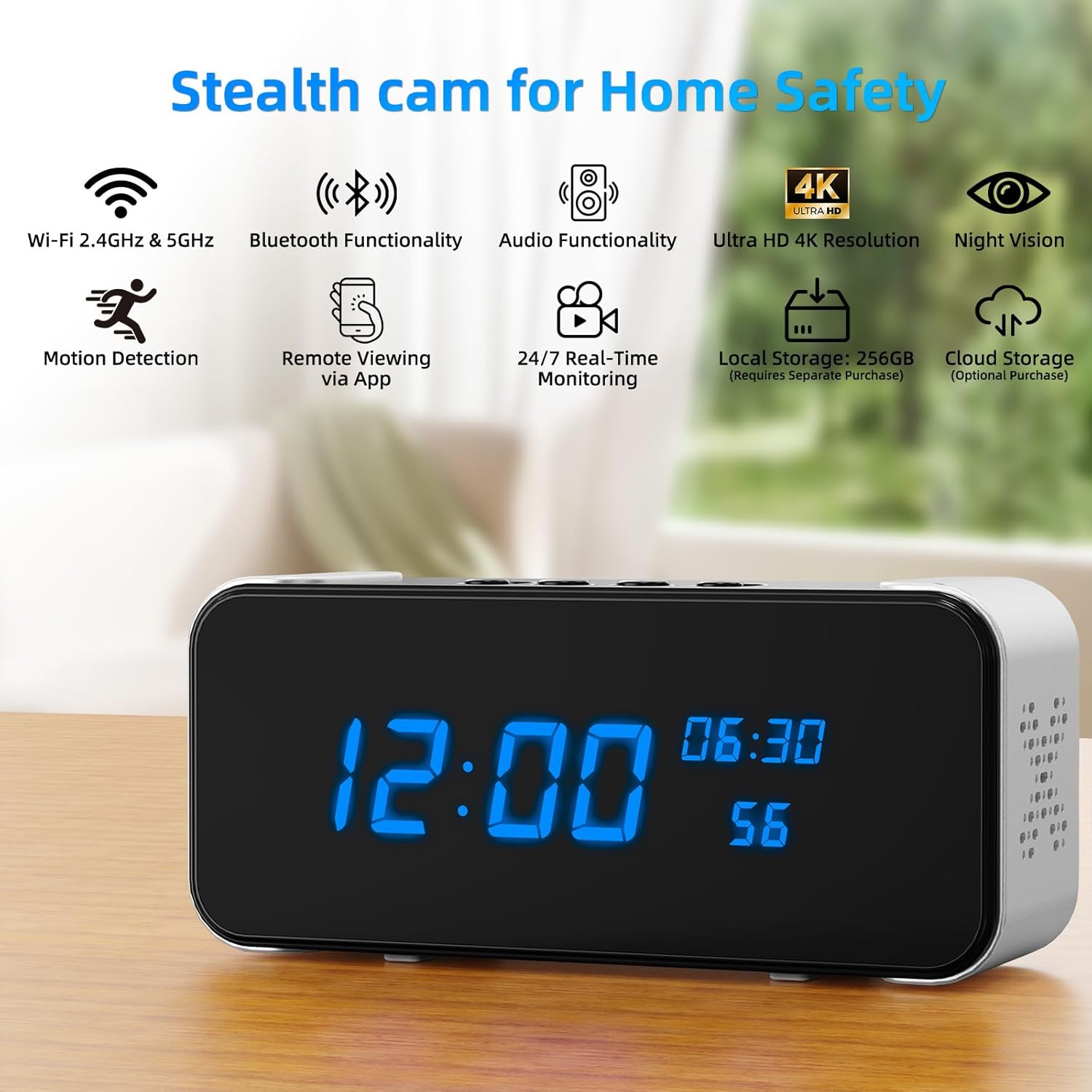 Wireless Indoor Hidden Camera for Home Security 3-in-1 Camera with Clock & Bluetooth Functionality 4K HD Night Vision, Motion Detection, Clock Hidden Camera