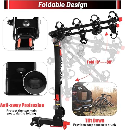 Miniatura 5 de Forwode Portabicicletas plegable inclinable para 4 bicicletas, enganche de bloqueo sin tambaleo, receptor de liberación rápida de 2 pulgadas, negro