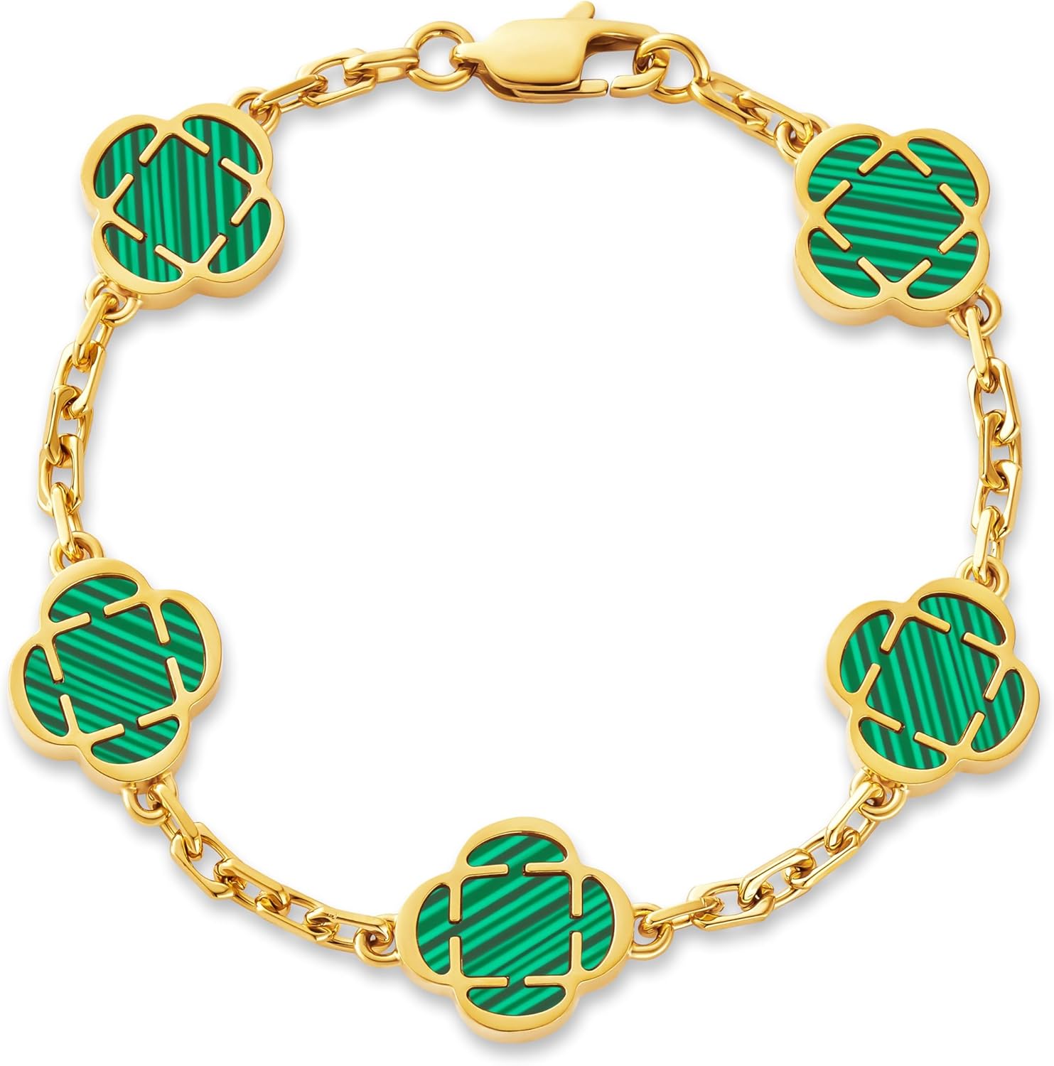 CRAFTD - Green Malachite Clover Stone Gold Bracelet - Durable 18K Gold & 316L Stainless Steel - Waterproof, Heat & Sweat Resistant - Gifts for Men - Men's Jewelry