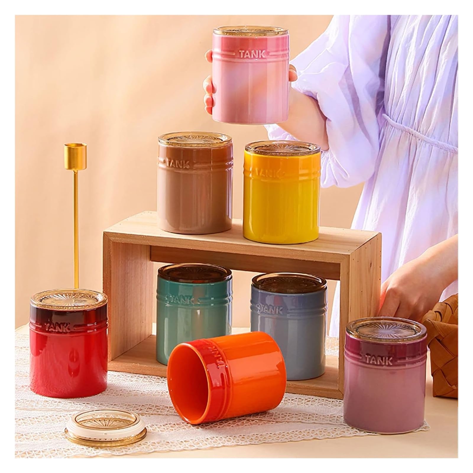 Sucrier, sucrier, sucrier en céramique dégradé français avec couvercle, sucrier solide avec cuillère, pot à épices en porcelaine, rangement de décoration de cuisine(Blue)
