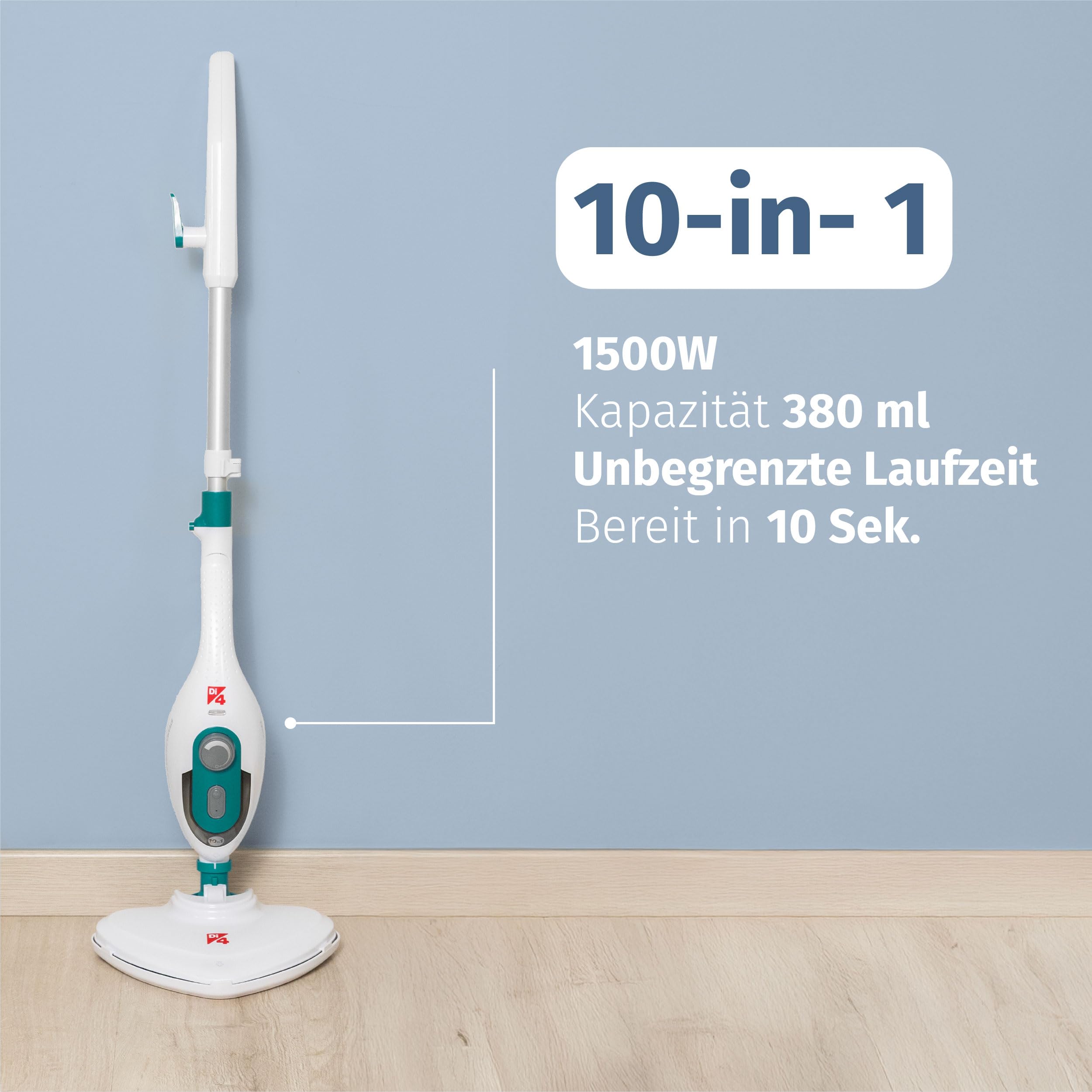 Di4 Dampfreiniger Steamclean Multifunktion 10 in 1, 1500W, Reiniger Handgerät und Dampfmop, Düsen und Mikrofaserbezug, für alle Böden, ideal für Teppich, ECO-Reinigung, Amazon-Exklusiv